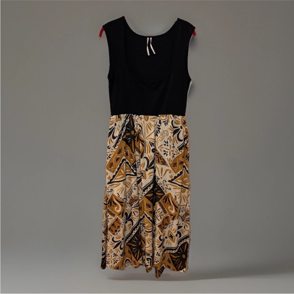 Anthropologie Sleeveless Midi Dress – Size M – Black Bodice Boho Abstract Skirt